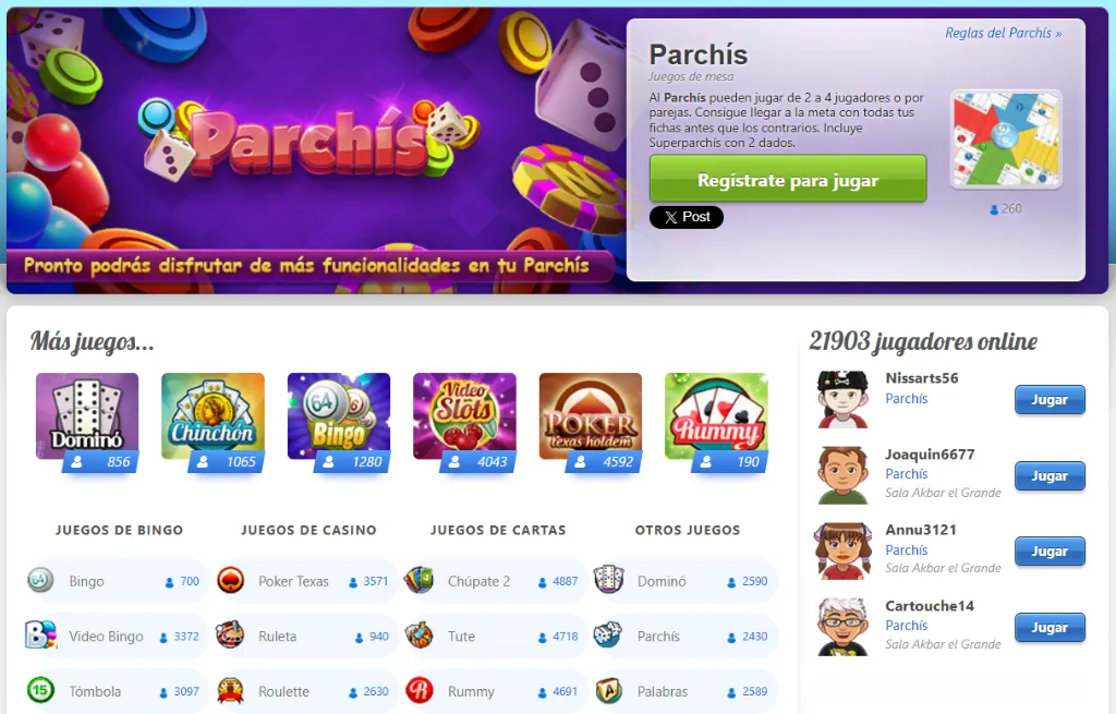 MundiJuegos ofrece Parchís, dominó, bingo y otros juegos en línea.